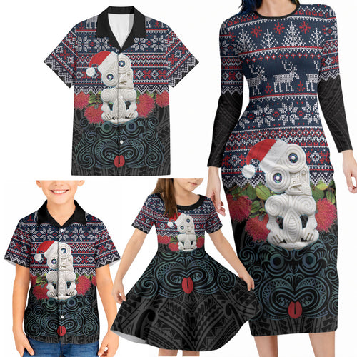 New Zealand Hei Tiki Christmas In July Family Matching Long Sleeve Bodycon Dress and Hawaiian Shirt Pohutukawa Santa Xmas Polynesian Pattern