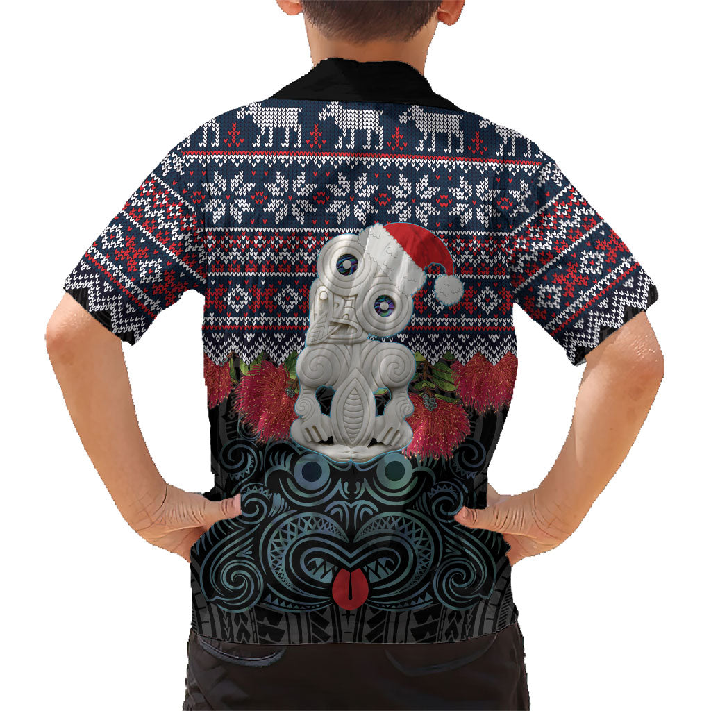 New Zealand Hei Tiki Christmas In July Family Matching Long Sleeve Bodycon Dress and Hawaiian Shirt Pohutukawa Santa Xmas Polynesian Pattern