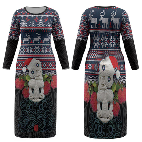 New Zealand Hei Tiki Christmas In July Family Matching Long Sleeve Bodycon Dress and Hawaiian Shirt Pohutukawa Santa Xmas Polynesian Pattern