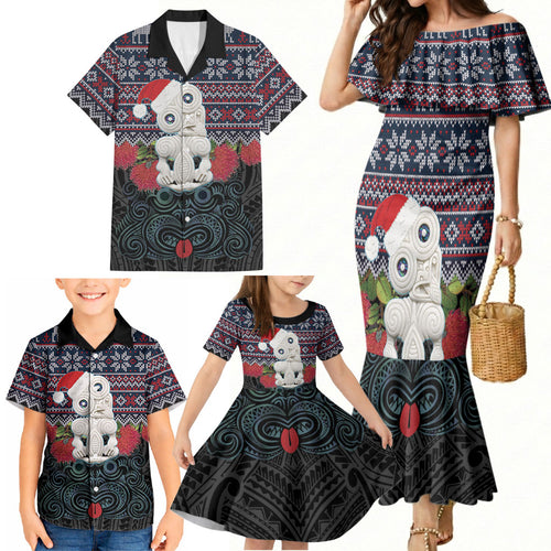 New Zealand Hei Tiki Christmas In July Family Matching Mermaid Dress and Hawaiian Shirt Pohutukawa Santa Xmas Polynesian Pattern