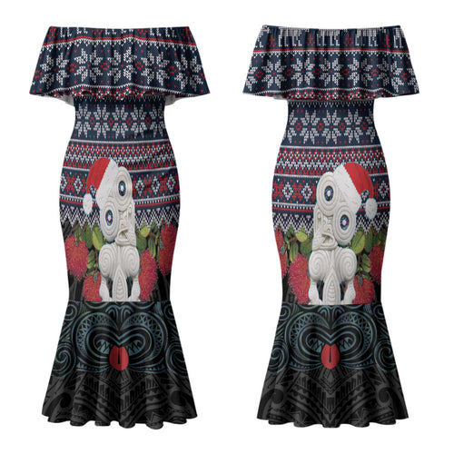 New Zealand Hei Tiki Christmas In July Family Matching Mermaid Dress and Hawaiian Shirt Pohutukawa Santa Xmas Polynesian Pattern