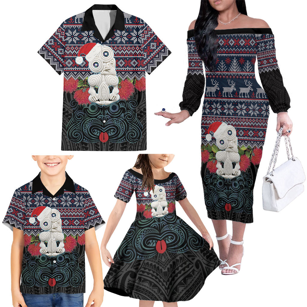 New Zealand Hei Tiki Christmas In July Family Matching Off The Shoulder Long Sleeve Dress and Hawaiian Shirt Pohutukawa Santa Xmas Polynesian Pattern