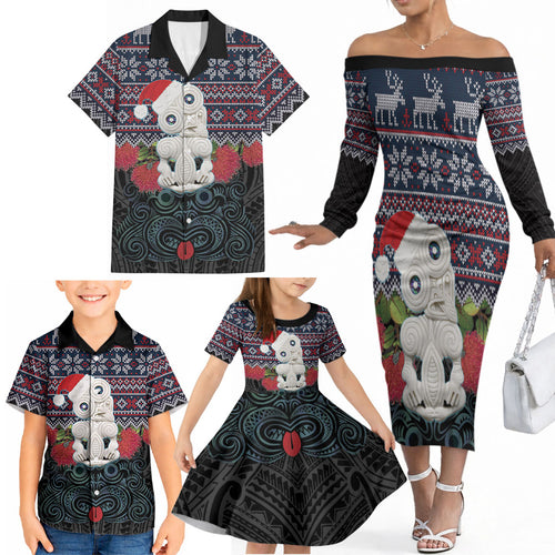 New Zealand Hei Tiki Christmas In July Family Matching Off The Shoulder Long Sleeve Dress and Hawaiian Shirt Pohutukawa Santa Xmas Polynesian Pattern
