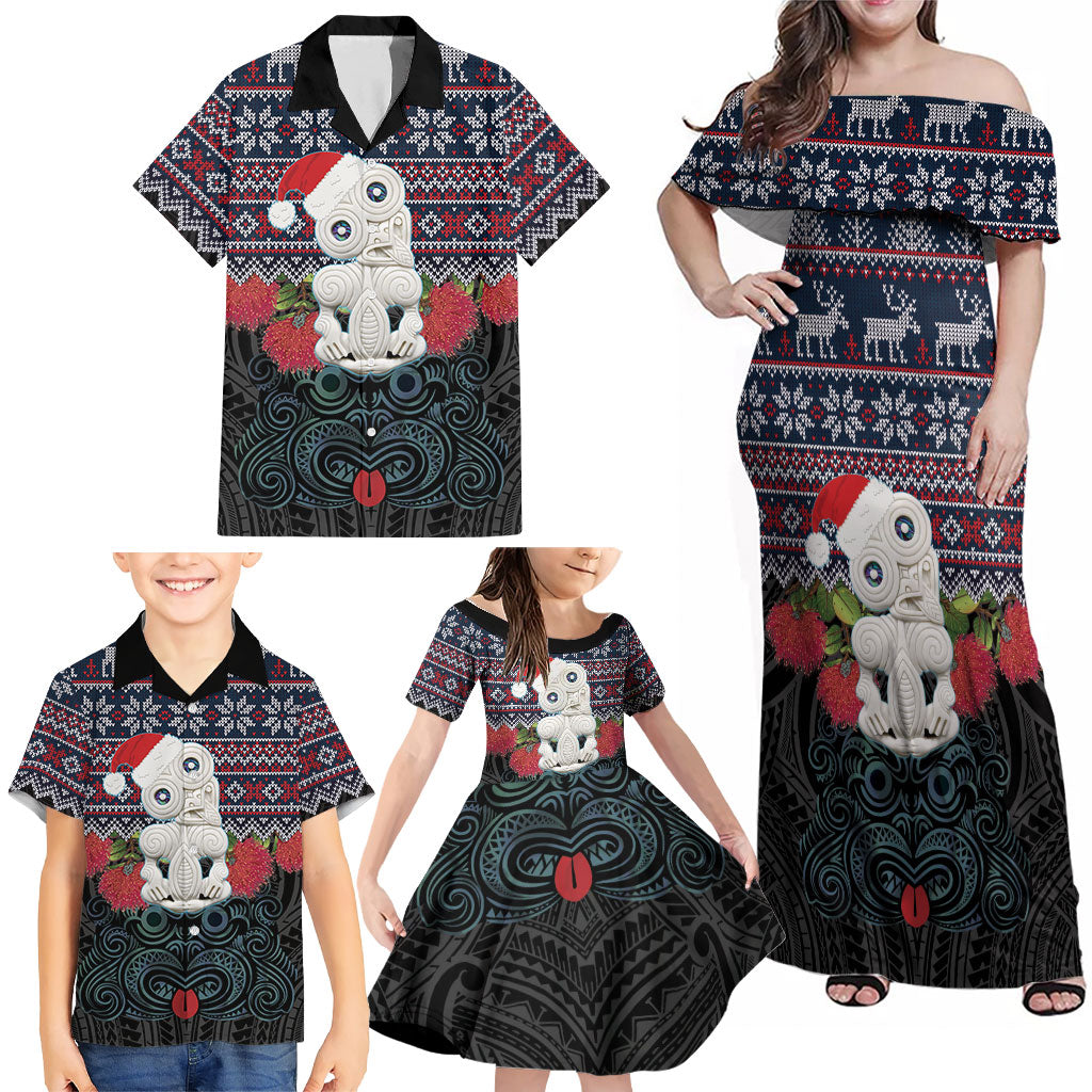 New Zealand Hei Tiki Christmas In July Family Matching Off Shoulder Maxi Dress and Hawaiian Shirt Pohutukawa Santa Xmas Polynesian Pattern