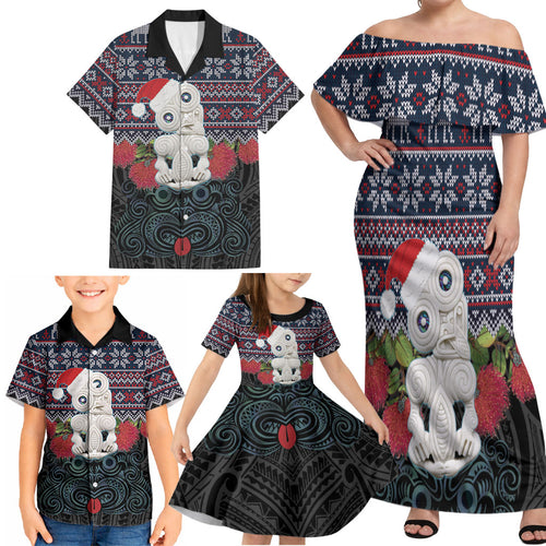 New Zealand Hei Tiki Christmas In July Family Matching Off Shoulder Maxi Dress and Hawaiian Shirt Pohutukawa Santa Xmas Polynesian Pattern