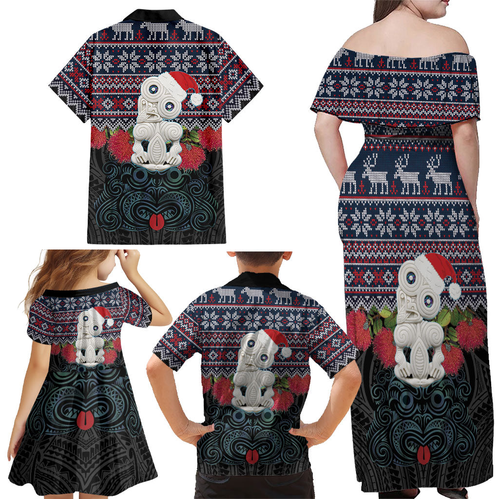 New Zealand Hei Tiki Christmas In July Family Matching Off Shoulder Maxi Dress and Hawaiian Shirt Pohutukawa Santa Xmas Polynesian Pattern
