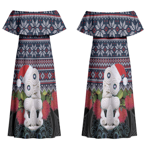 New Zealand Hei Tiki Christmas In July Family Matching Off Shoulder Maxi Dress and Hawaiian Shirt Pohutukawa Santa Xmas Polynesian Pattern