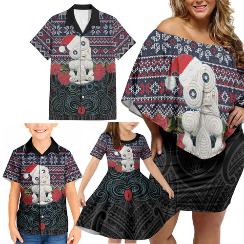 New Zealand Hei Tiki Christmas In July Family Matching Off Shoulder Short Dress and Hawaiian Shirt Pohutukawa Santa Xmas Polynesian Pattern