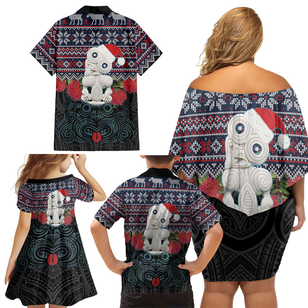 New Zealand Hei Tiki Christmas In July Family Matching Off Shoulder Short Dress and Hawaiian Shirt Pohutukawa Santa Xmas Polynesian Pattern