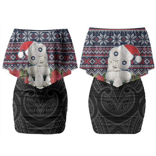 New Zealand Hei Tiki Christmas In July Family Matching Off Shoulder Short Dress and Hawaiian Shirt Pohutukawa Santa Xmas Polynesian Pattern