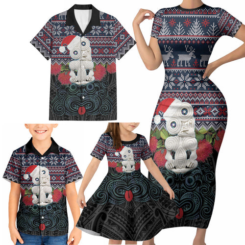 New Zealand Hei Tiki Christmas In July Family Matching Short Sleeve Bodycon Dress and Hawaiian Shirt Pohutukawa Santa Xmas Polynesian Pattern