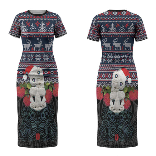 New Zealand Hei Tiki Christmas In July Family Matching Short Sleeve Bodycon Dress and Hawaiian Shirt Pohutukawa Santa Xmas Polynesian Pattern