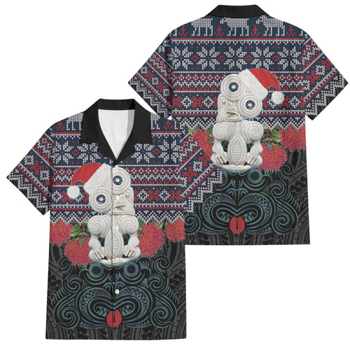 New Zealand Hei Tiki Christmas In July Family Matching Short Sleeve Bodycon Dress and Hawaiian Shirt Pohutukawa Santa Xmas Polynesian Pattern
