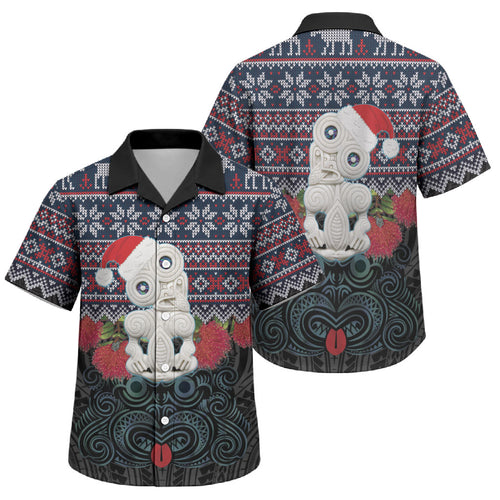 New Zealand Hei Tiki Christmas In July Family Matching Short Sleeve Bodycon Dress and Hawaiian Shirt Pohutukawa Santa Xmas Polynesian Pattern