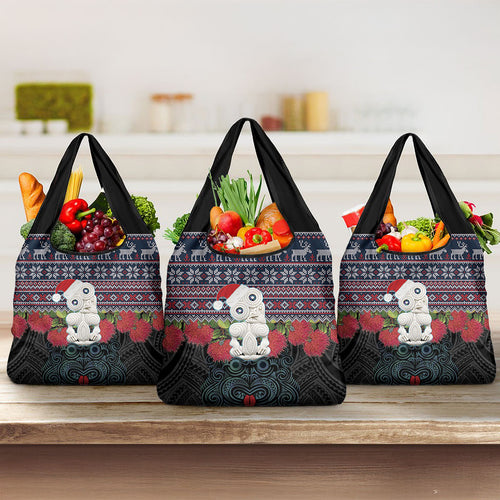New Zealand Hei Tiki Christmas In July Grocery Bag Pohutukawa Santa Xmas Polynesian Pattern