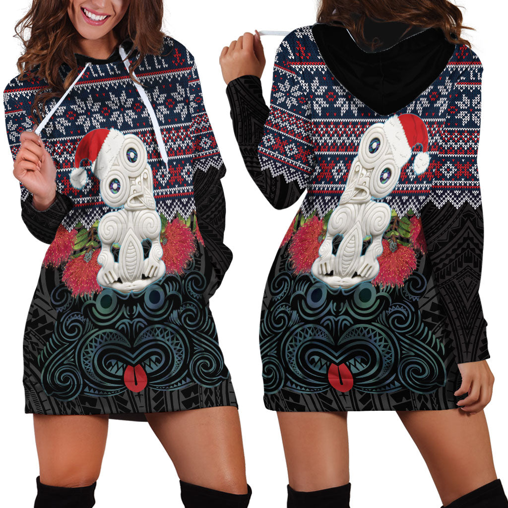 New Zealand Hei Tiki Christmas In July Hoodie Dress Pohutukawa Santa Xmas Polynesian Pattern