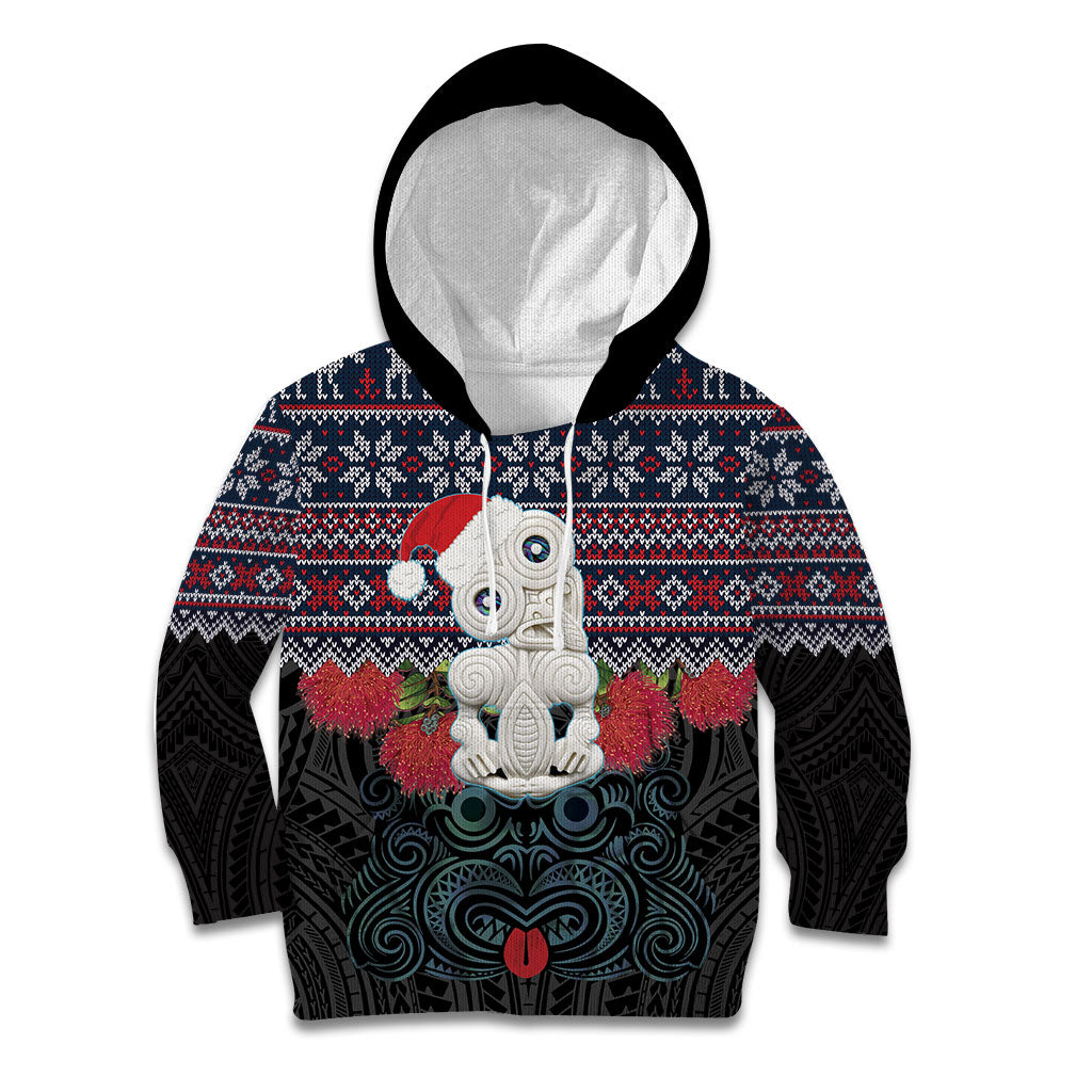 New Zealand Hei Tiki Christmas In July Kid Hoodie Pohutukawa Santa Xmas Polynesian Pattern