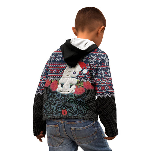 New Zealand Hei Tiki Christmas In July Kid Hoodie Pohutukawa Santa Xmas Polynesian Pattern