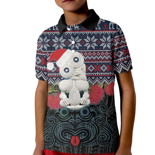 New Zealand Hei Tiki Christmas In July Kid Polo Shirt Pohutukawa Santa Xmas Polynesian Pattern