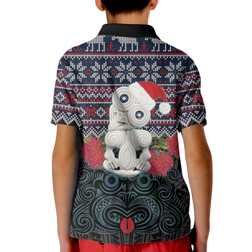 New Zealand Hei Tiki Christmas In July Kid Polo Shirt Pohutukawa Santa Xmas Polynesian Pattern