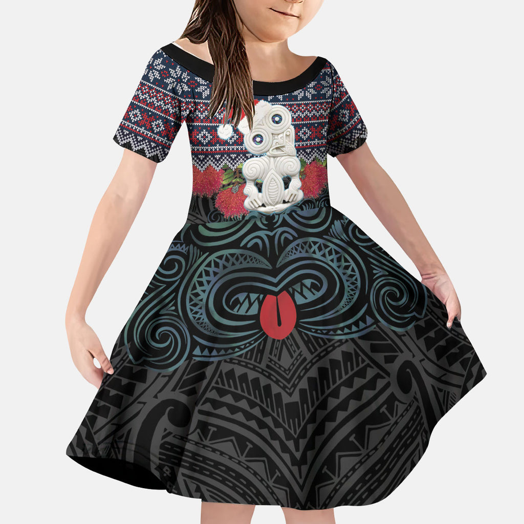 New Zealand Hei Tiki Christmas In July Kid Short Sleeve Dress Pohutukawa Santa Xmas Polynesian Pattern