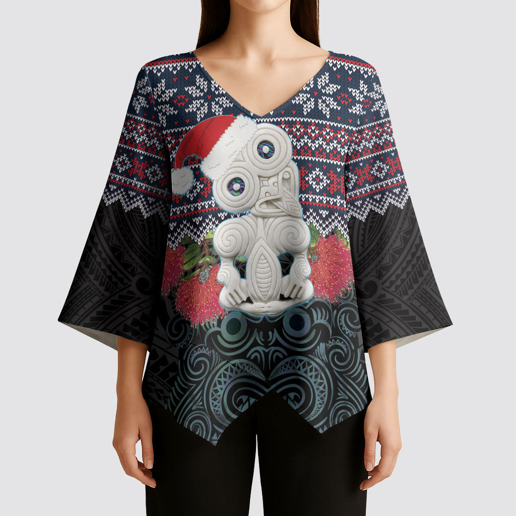 New Zealand Hei Tiki Christmas In July Kimono Sleeve Blouse Pohutukawa Santa Xmas Polynesian Pattern