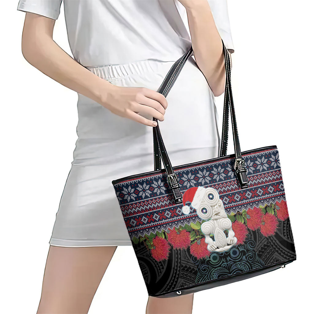 New Zealand Hei Tiki Christmas In July Leather Tote Bag Pohutukawa Santa Xmas Polynesian Pattern