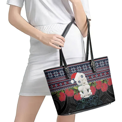 New Zealand Hei Tiki Christmas In July Leather Tote Bag Pohutukawa Santa Xmas Polynesian Pattern