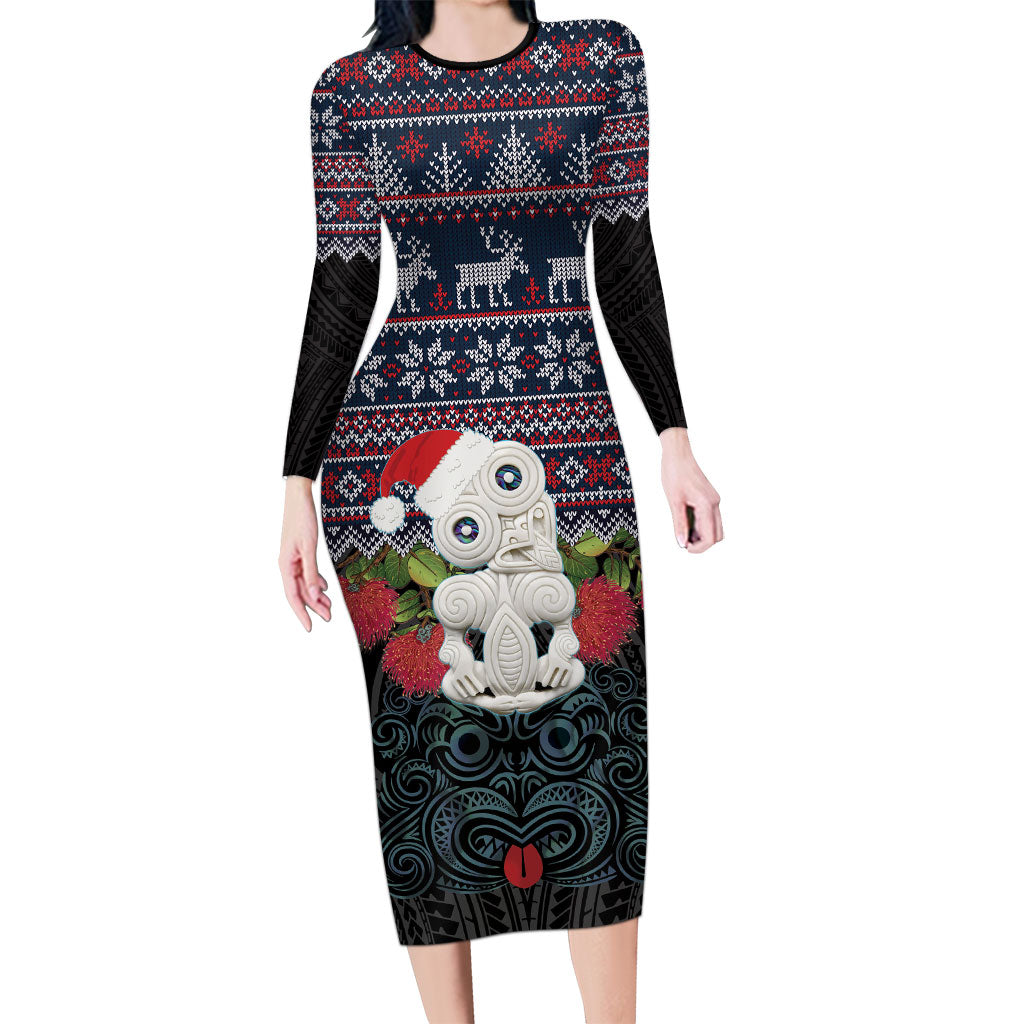 New Zealand Hei Tiki Christmas In July Long Sleeve Bodycon Dress Pohutukawa Santa Xmas Polynesian Pattern