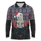 New Zealand Hei Tiki Christmas In July Long Sleeve Polo Shirt Pohutukawa Santa Xmas Polynesian Pattern