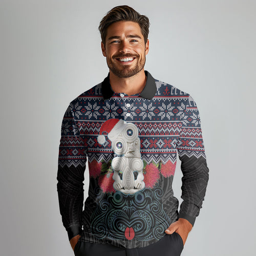 New Zealand Hei Tiki Christmas In July Long Sleeve Polo Shirt Pohutukawa Santa Xmas Polynesian Pattern