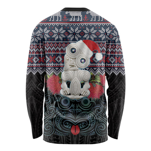 New Zealand Hei Tiki Christmas In July Long Sleeve Shirt Pohutukawa Santa Xmas Polynesian Pattern