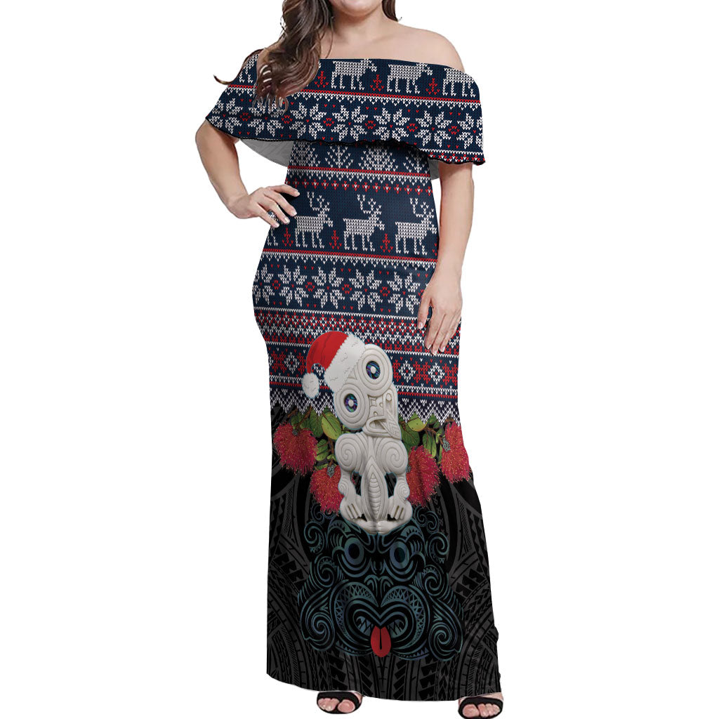 New Zealand Hei Tiki Christmas In July Off Shoulder Maxi Dress Pohutukawa Santa Xmas Polynesian Pattern