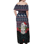 New Zealand Hei Tiki Christmas In July Off Shoulder Maxi Dress Pohutukawa Santa Xmas Polynesian Pattern