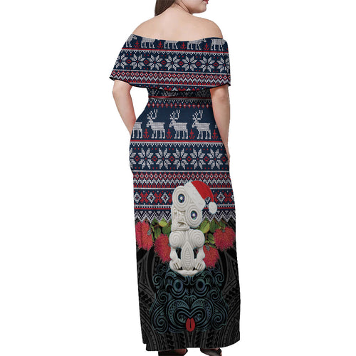 New Zealand Hei Tiki Christmas In July Off Shoulder Maxi Dress Pohutukawa Santa Xmas Polynesian Pattern