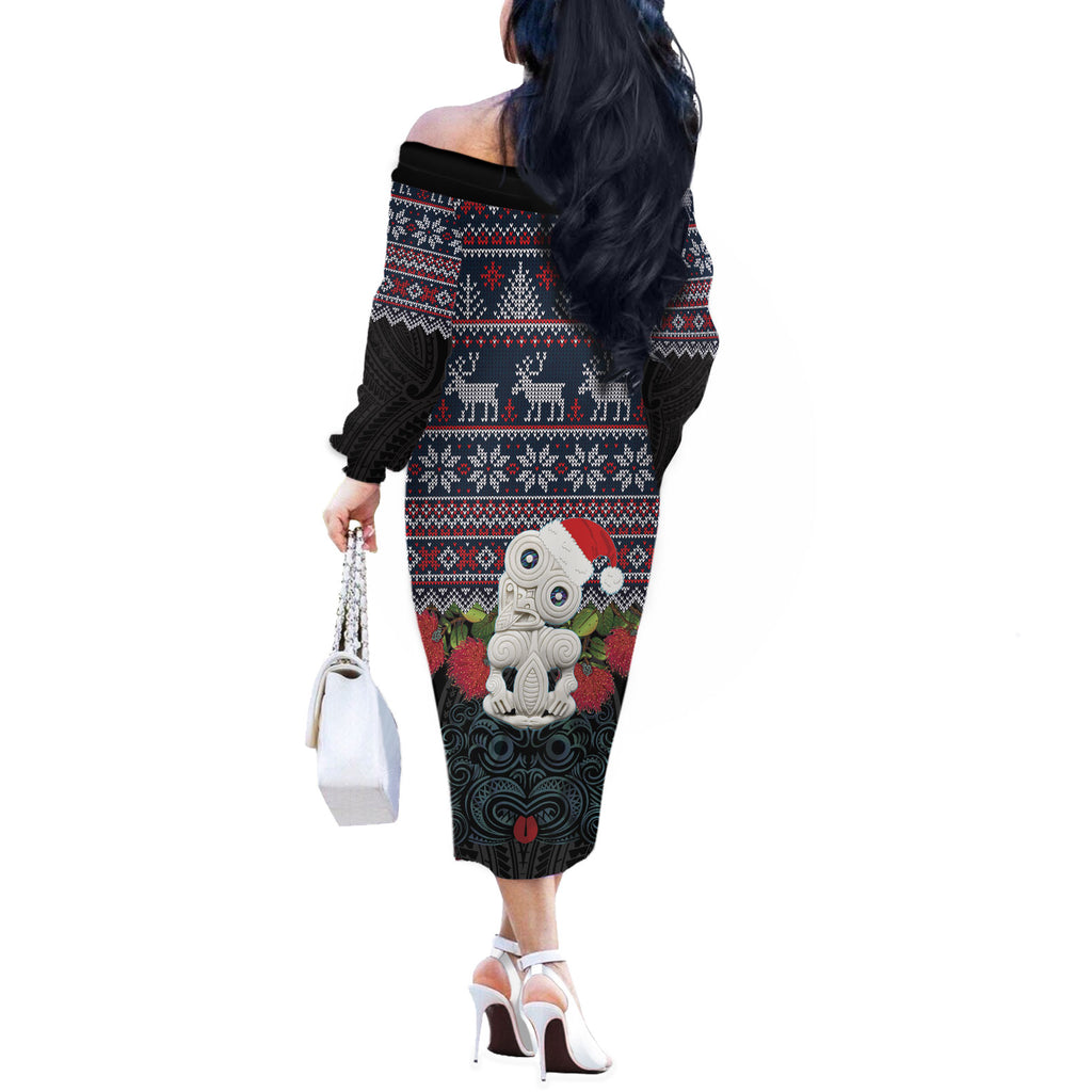 New Zealand Hei Tiki Christmas In July Off The Shoulder Long Sleeve Dress Pohutukawa Santa Xmas Polynesian Pattern