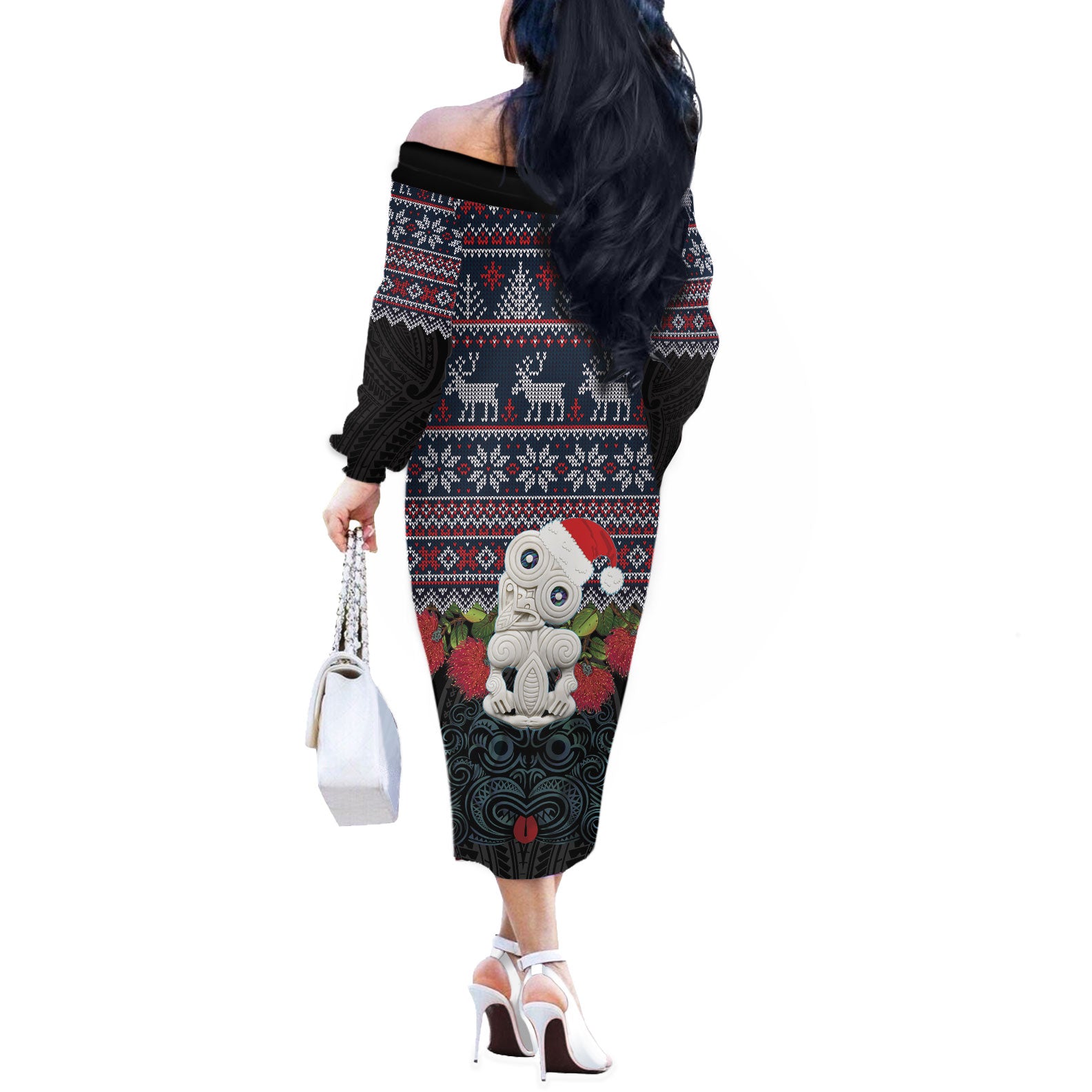 New Zealand Hei Tiki Christmas In July Off The Shoulder Long Sleeve Dress Pohutukawa Santa Xmas Polynesian Pattern