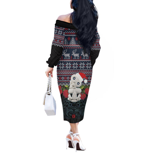 New Zealand Hei Tiki Christmas In July Off The Shoulder Long Sleeve Dress Pohutukawa Santa Xmas Polynesian Pattern