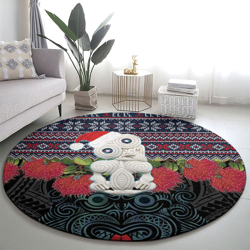 New Zealand Hei Tiki Christmas In July Round Carpet Pohutukawa Santa Xmas Polynesian Pattern