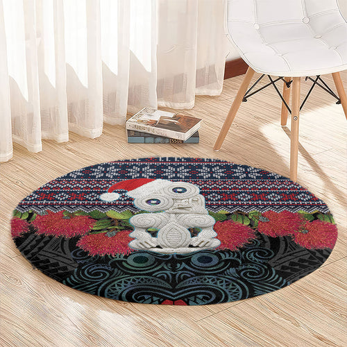 New Zealand Hei Tiki Christmas In July Round Carpet Pohutukawa Santa Xmas Polynesian Pattern