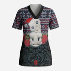 New Zealand Hei Tiki Christmas In July Scrub Top Pohutukawa Santa Xmas Polynesian Pattern