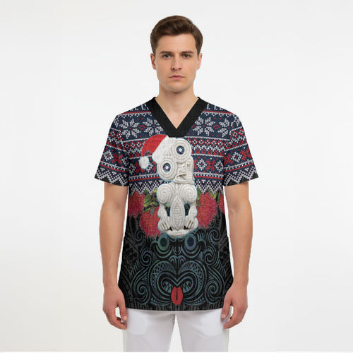 New Zealand Hei Tiki Christmas In July Scrub Top Pohutukawa Santa Xmas Polynesian Pattern