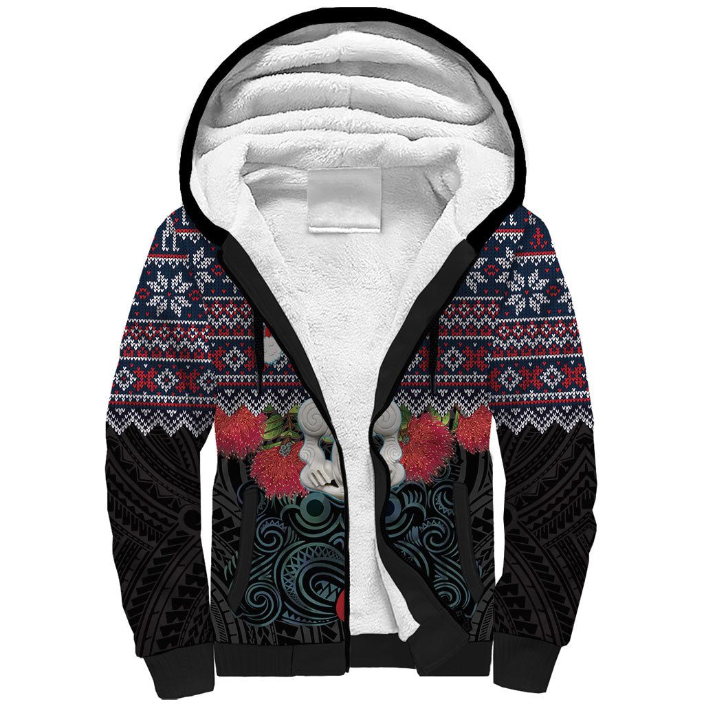 New Zealand Hei Tiki Christmas In July Sherpa Hoodie Pohutukawa Santa Xmas Polynesian Pattern