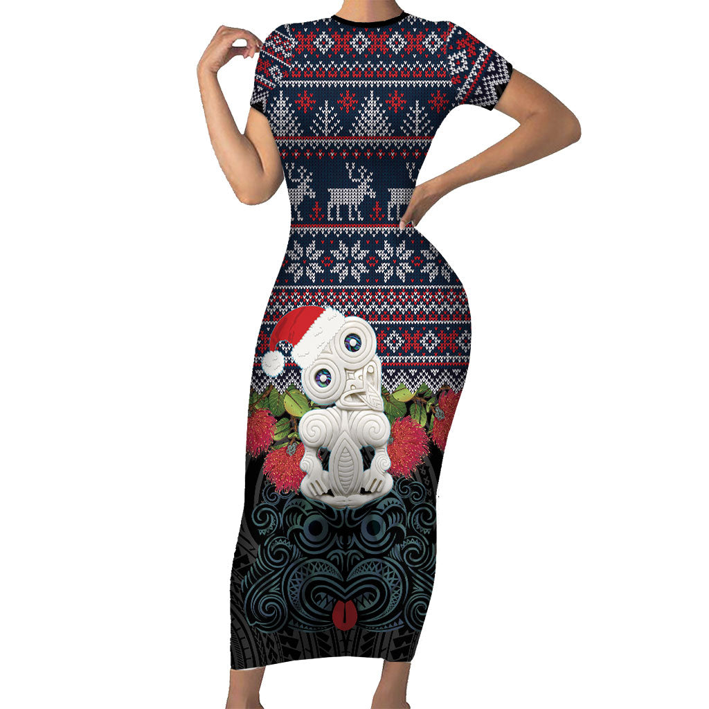 New Zealand Hei Tiki Christmas In July Short Sleeve Bodycon Dress Pohutukawa Santa Xmas Polynesian Pattern