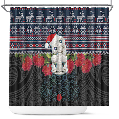 New Zealand Hei Tiki Christmas In July Shower Curtain Pohutukawa Santa Xmas Polynesian Pattern