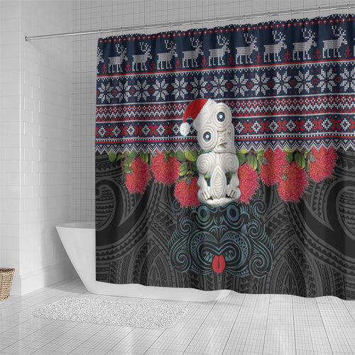 New Zealand Hei Tiki Christmas In July Shower Curtain Pohutukawa Santa Xmas Polynesian Pattern