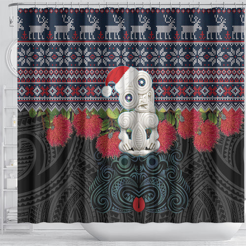 New Zealand Hei Tiki Christmas In July Shower Curtain Pohutukawa Santa Xmas Polynesian Pattern