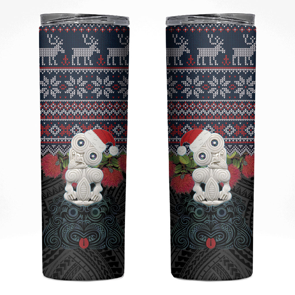 New Zealand Hei Tiki Christmas In July Skinny Tumbler Pohutukawa Santa Xmas Polynesian Pattern