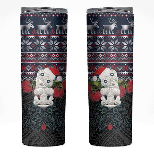 New Zealand Hei Tiki Christmas In July Skinny Tumbler Pohutukawa Santa Xmas Polynesian Pattern