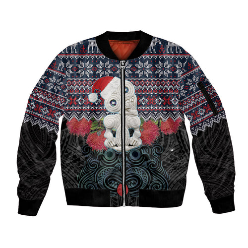 New Zealand Hei Tiki Christmas In July Sleeve Zip Bomber Jacket Pohutukawa Santa Xmas Polynesian Pattern